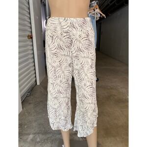 REWASH L Women's Culottes Cropped Pants Beige Purple Leaf Print Rayon Casual
